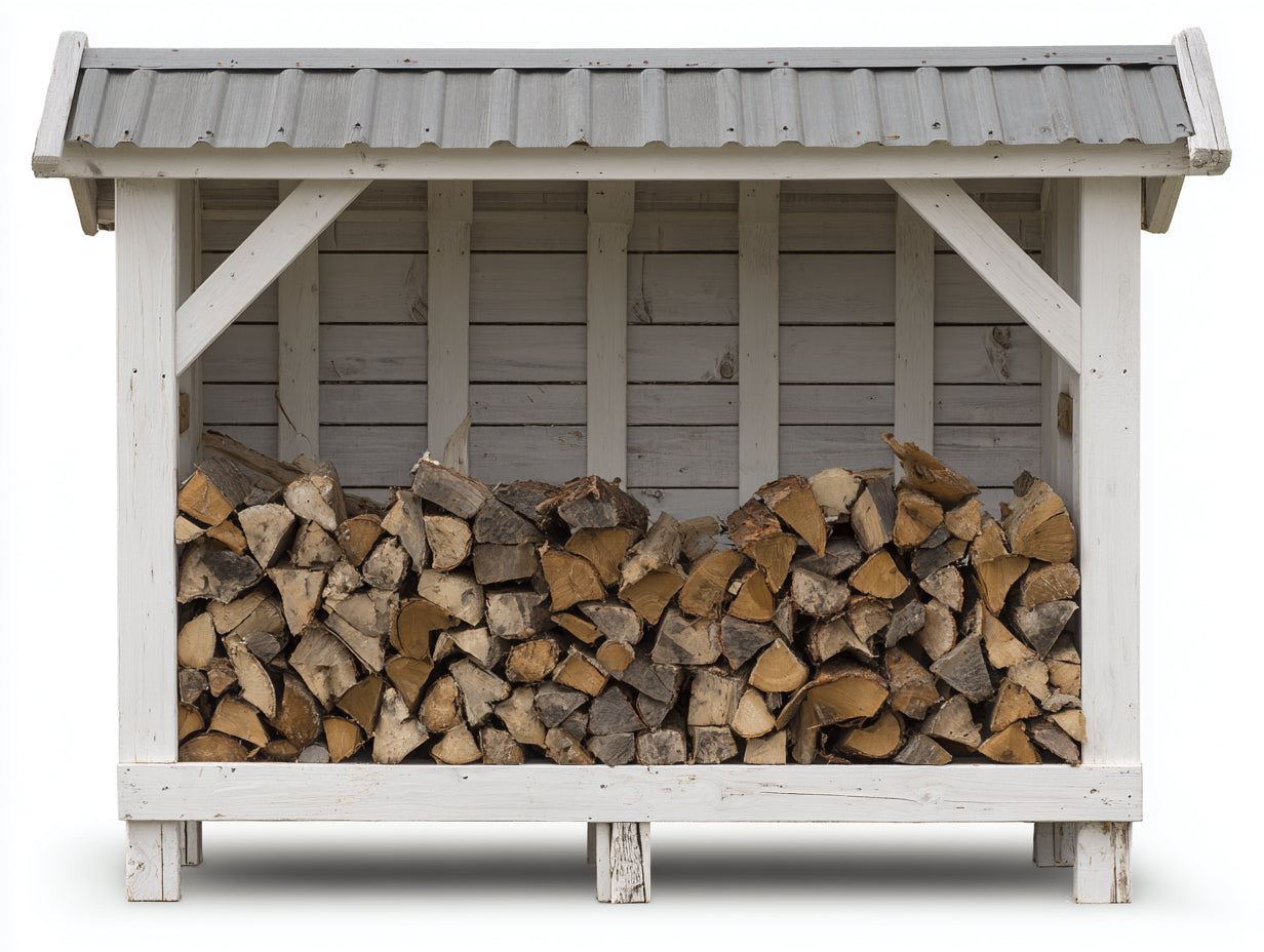 Leñero de jardín de madera 160x55x150 cm - blanco y gris - techo inclinado