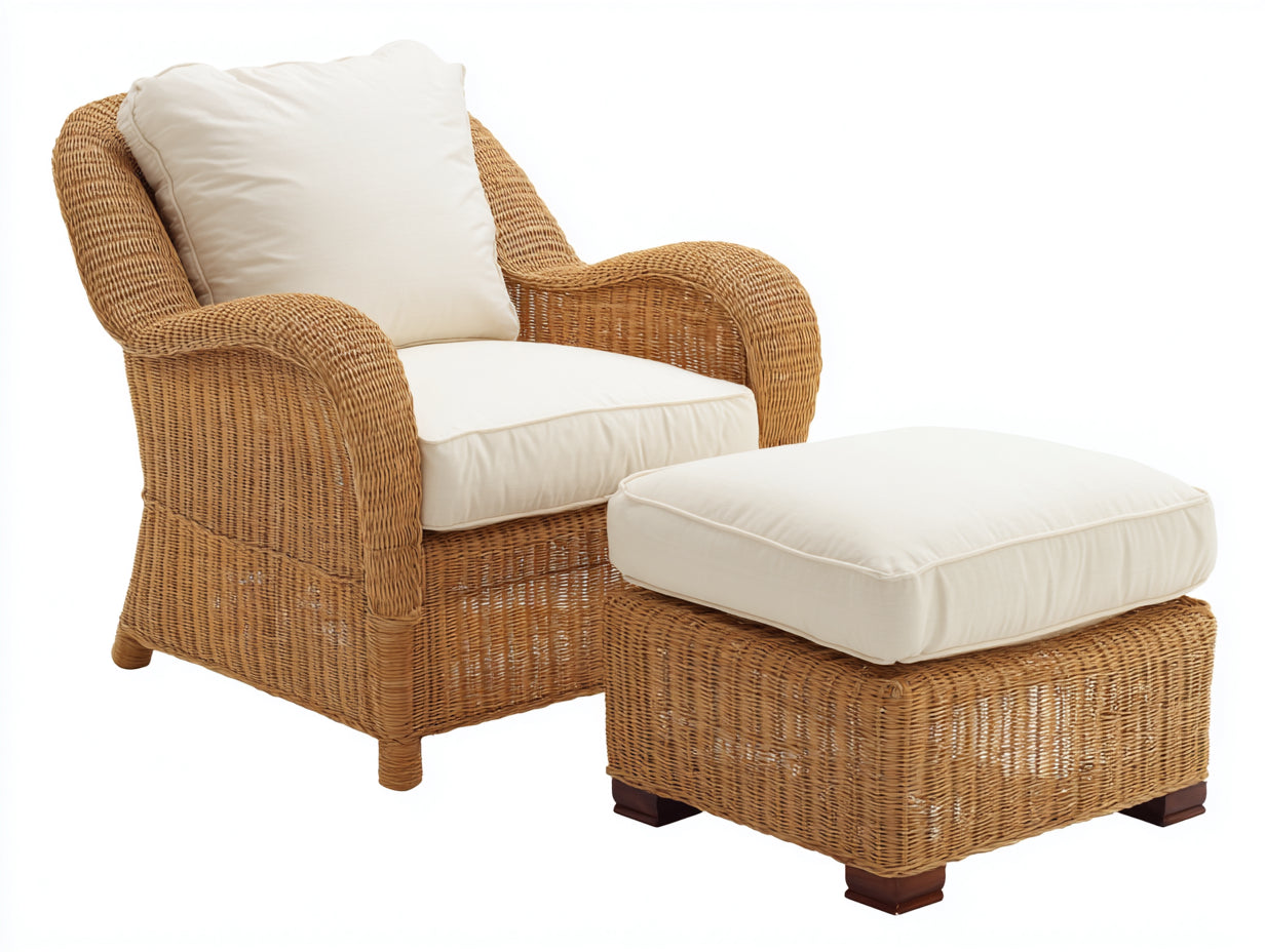 Sillones de ratán con reposapiés 88x82x86 cm - natural-crema - brazos redondeados para terraza y salón