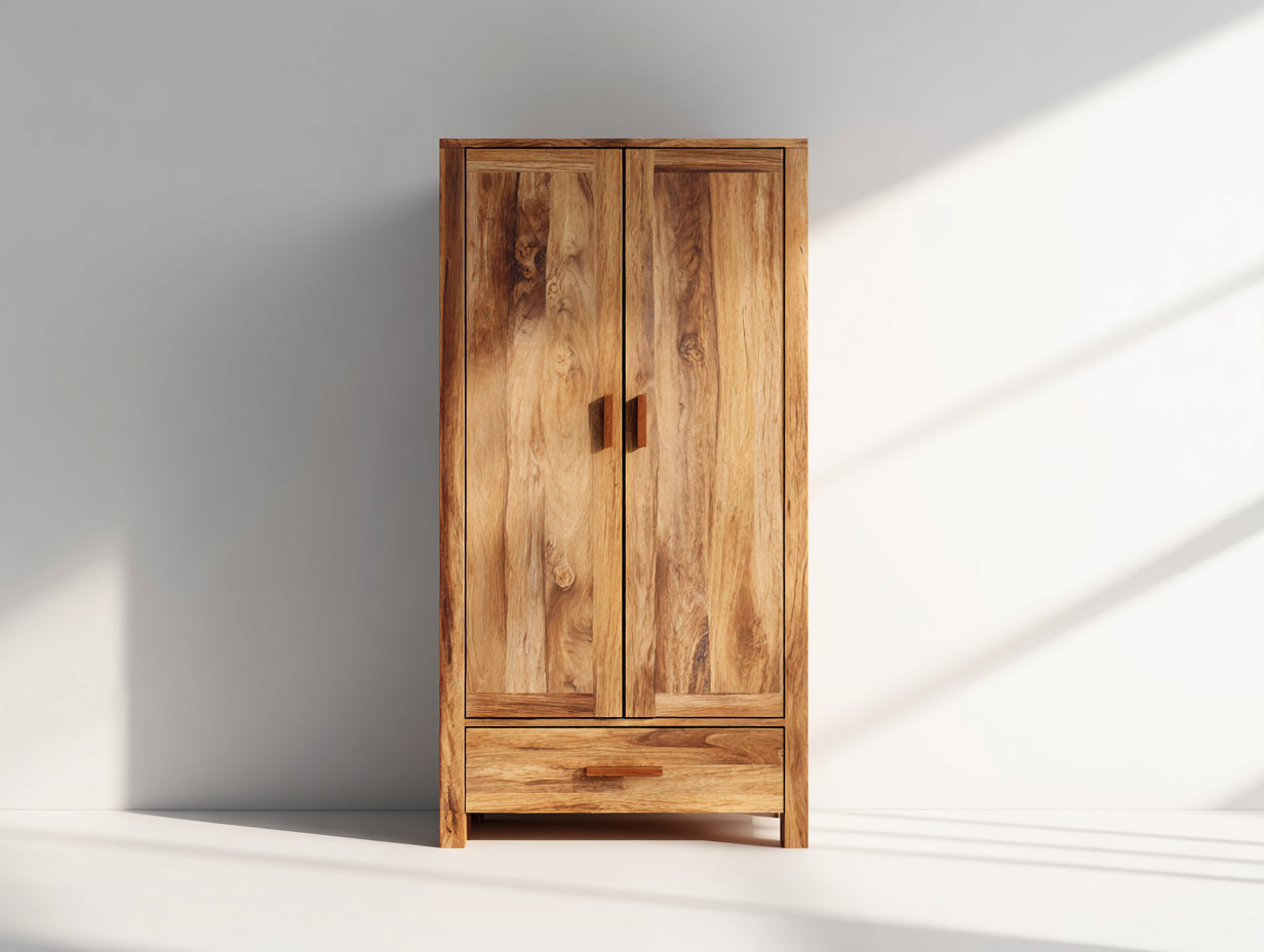 Armarios de madera maciza 90x50x170 cm - acabado natural - 2 puertas con 1 cajón inferior - diseño rústico para dormitorio