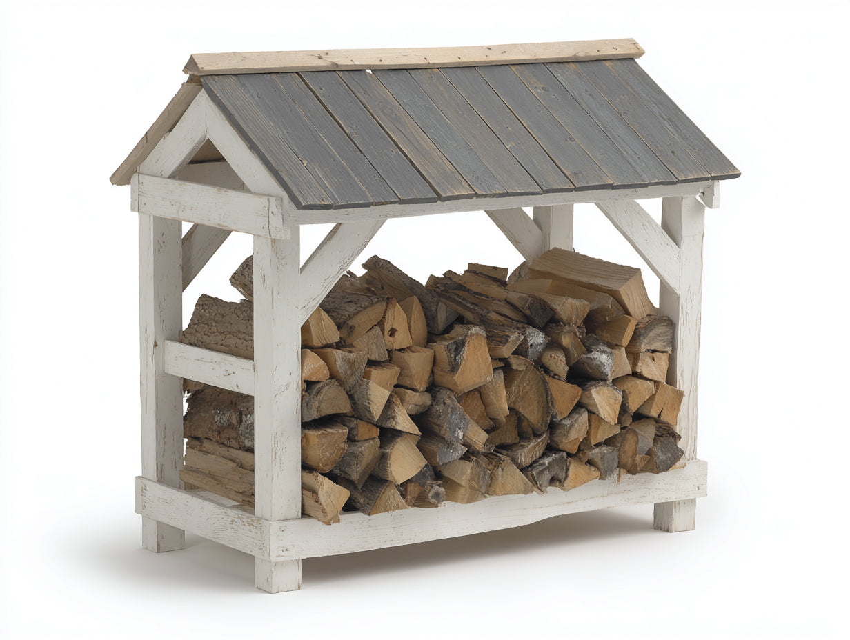 Leñero de jardín de madera 130x60x135 cm - blanco gris y marrón natural - techo a dos aguas