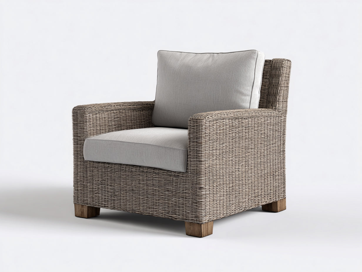 Sillones de ratán sintético 82x80x88 cm - gris topo con tapizado gris claro - brazos rectos para salón