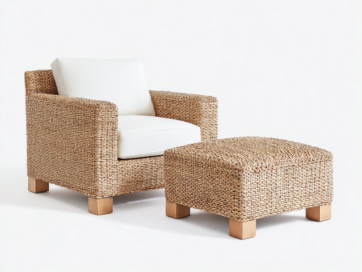 Sillones de ratán con reposapiés 90x86x82 cm - blanco y marrón natural - patas de madera