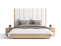 Camas dobles tapizadas 215x190x180 cm - blanco y madera natural - cabecero alto acanalado de estilo moderno