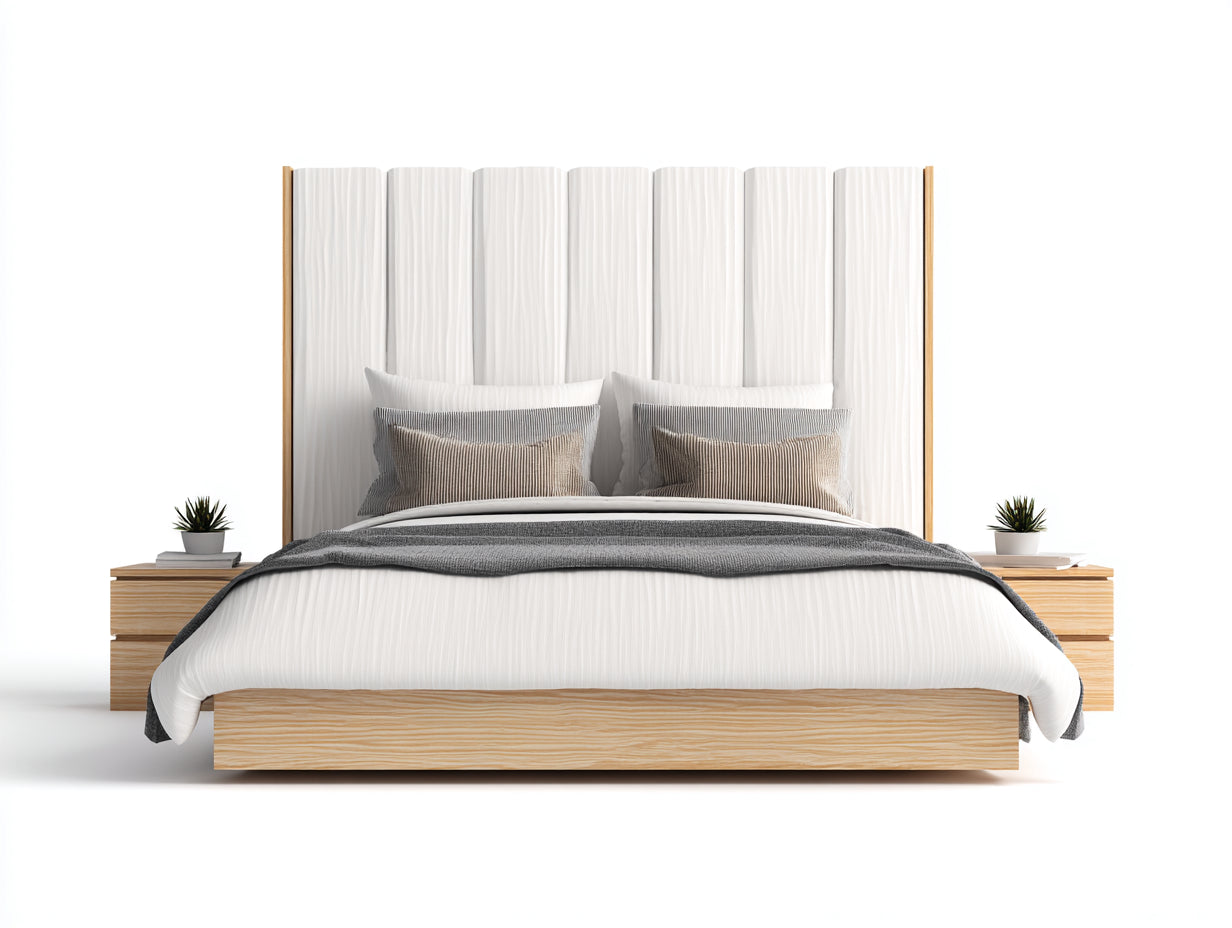 Camas dobles tapizadas 215x190x180 cm - blanco y madera natural - cabecero alto acanalado de estilo moderno