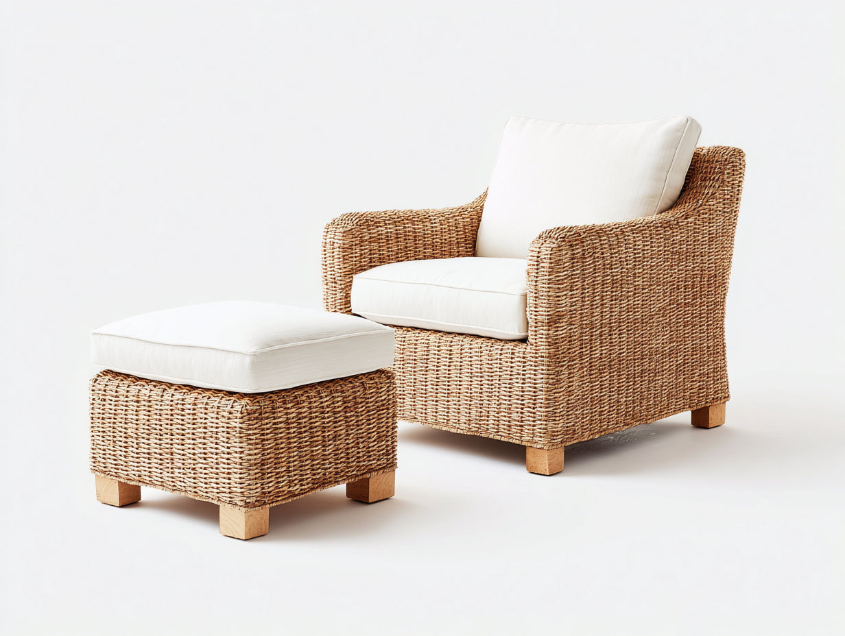 Sillones de ratán con reposapiés 80x82x88 cm - Beige y blanco - Diseño trenzado para descanso