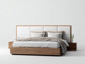 Camas dobles con cabecero tapizado 290x210x115 cm - marrón natural y blanco - mesitas integradas