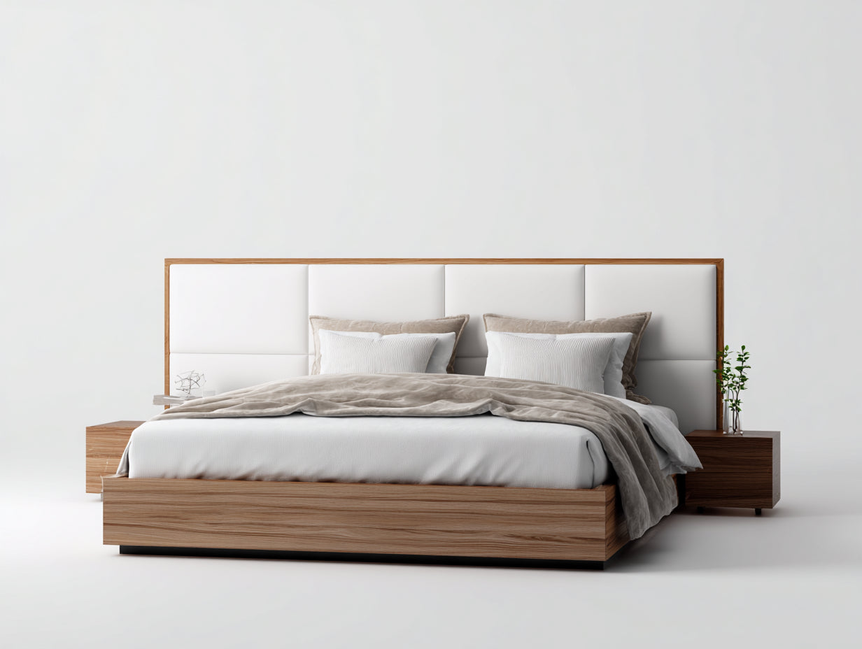 Camas dobles con cabecero tapizado 290x210x115 cm - marrón natural y blanco - mesitas integradas