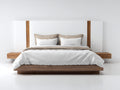 Camas dobles tapizadas 200x160x95 cm - Blanco y marrón oscuro - Diseño moderno con cabecero ancho y estantes laterales