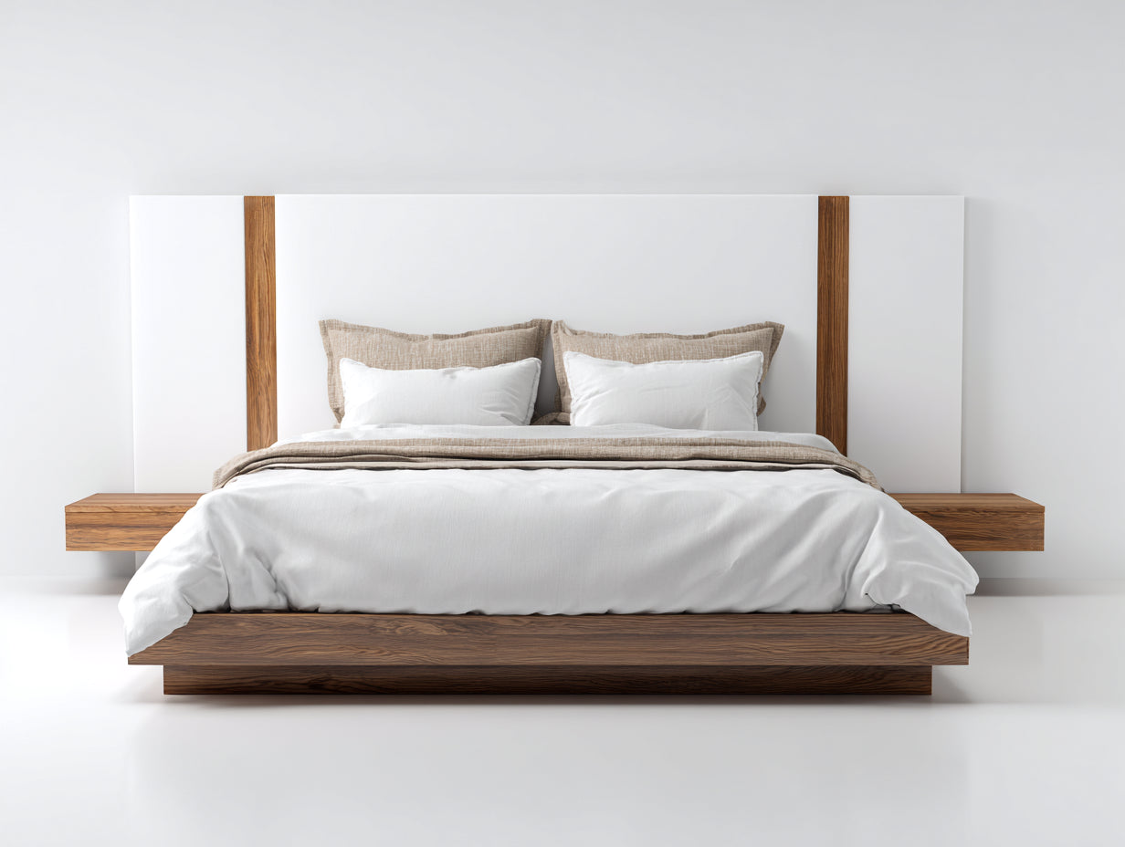 Camas dobles tapizadas 200x160x95 cm - Blanco y marrón oscuro - Diseño moderno con cabecero ancho y estantes laterales