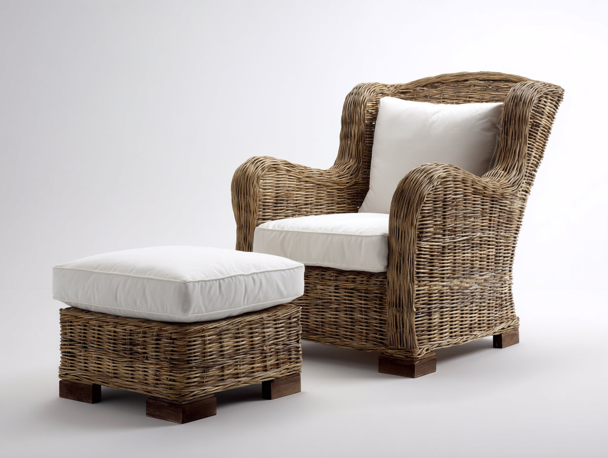 Sillones de ratán con reposapiés 90x88x100 cm - beige grisáceo y blanco roto - respaldo alto envolvente para salón