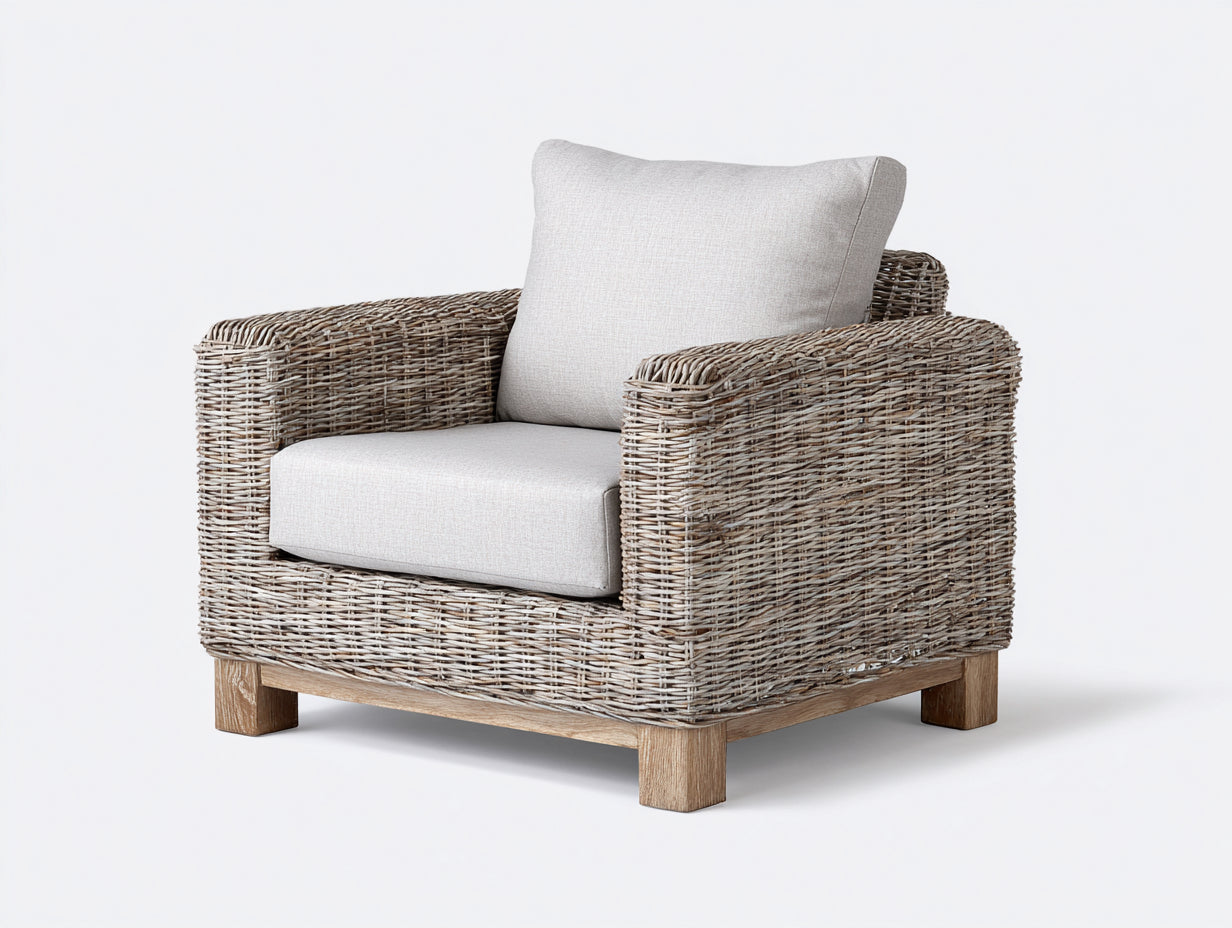 Sillones de ratán natural 88x84x88 cm - natural lavado y beige claro - diseño con brazos para salón