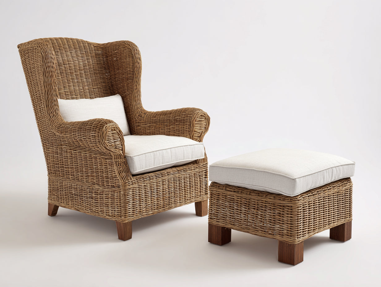 Sillones de ratán con reposapiés 82x86x105 cm - natural-crema - respaldo alto y diseño envolvente