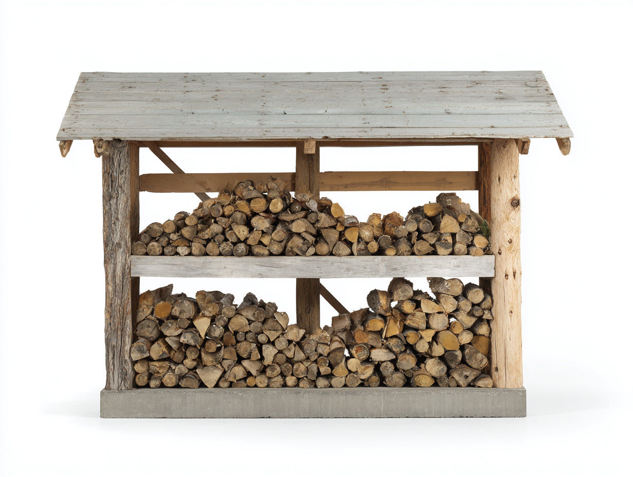 Leñero de jardín de madera 170x65x150 cm - madera natural y blanco envejecido - 2 niveles con tejado inclinado de estilo rústico