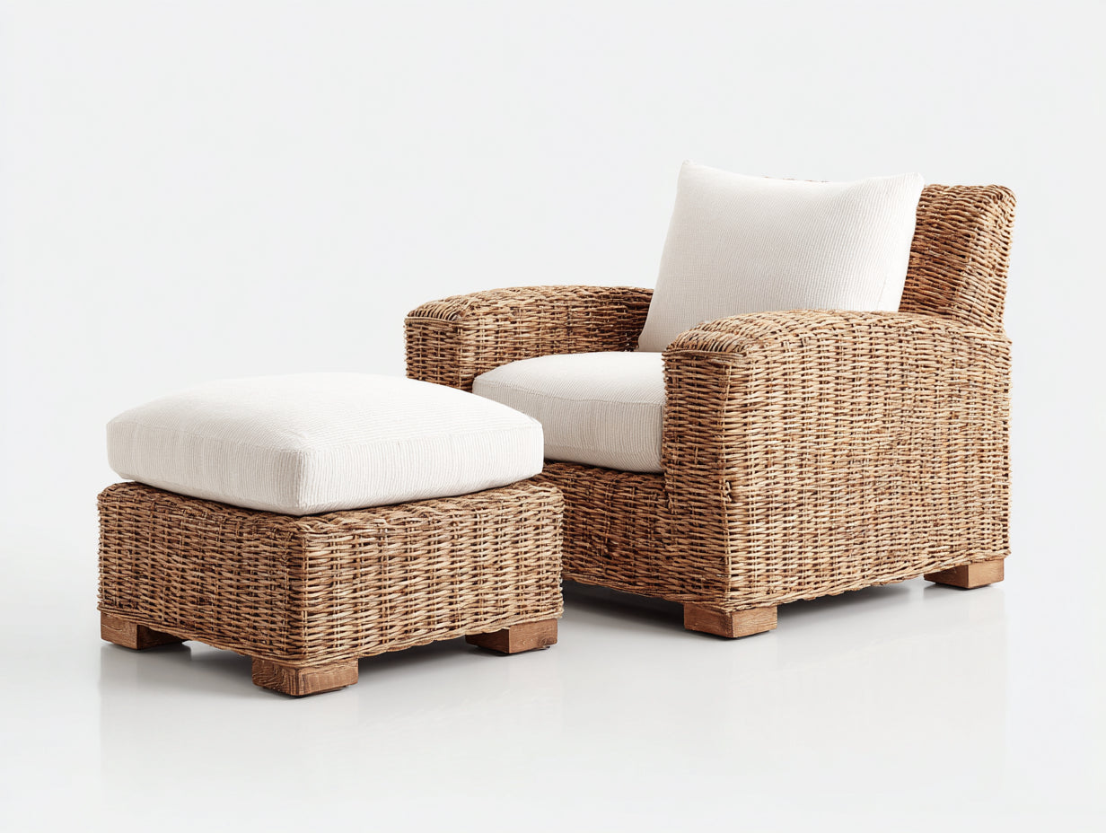 Sillones de ratán con reposapiés 84x80x86 cm - Beige y blanco - Diseño trenzado de estilo natural