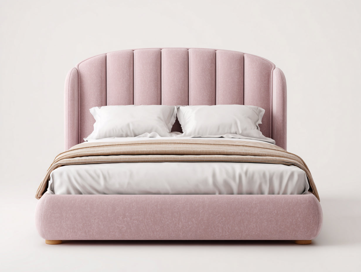 Camas dobles tapizadas 215x185x135 cm - rosa empolvado - cabecero envolvente acanalado de estilo moderno