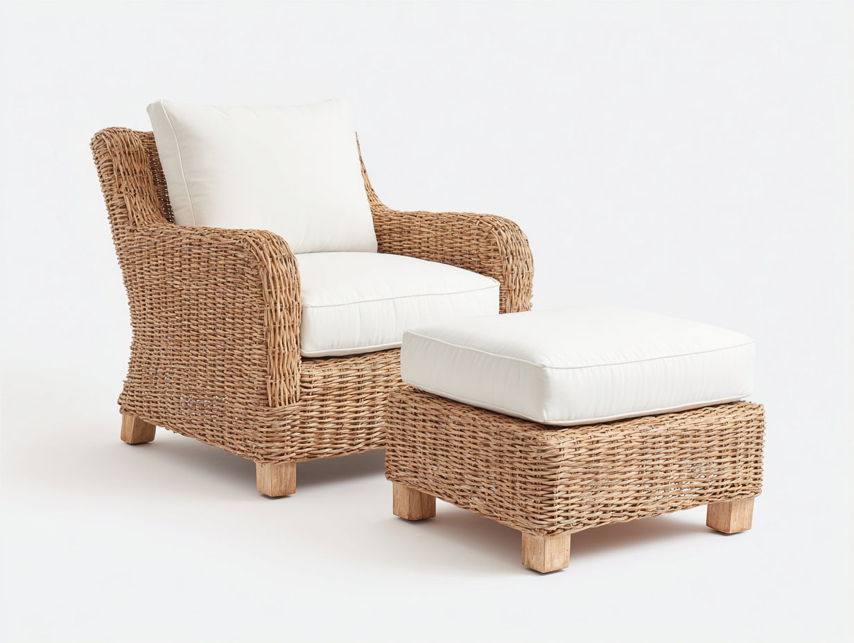 Sillones de ratán natural 88x82x92 cm - natural y blanco crema - diseño con reposapiés para salón