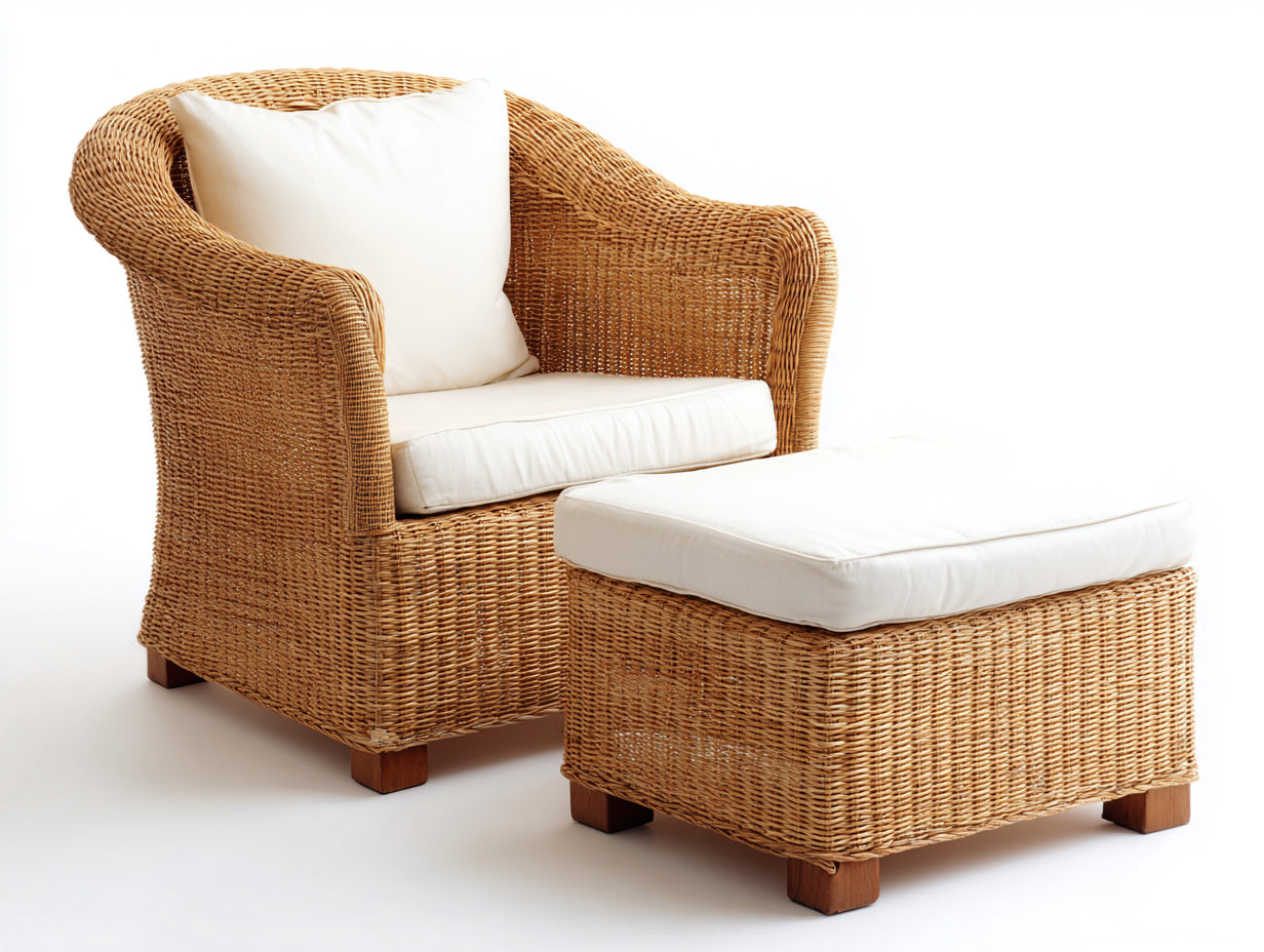 Sillones de ratán natural 90x85x95 cm - natural y blanco crema - diseño con reposapiés para salón