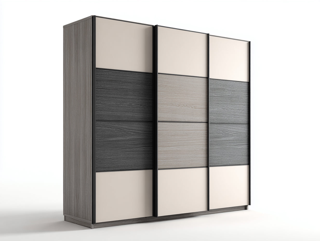 Armarios de tres puertas correderas 240x60x220 cm - Gris oscuro gris claro beige y negro - Diseño moderno con paneles combinados