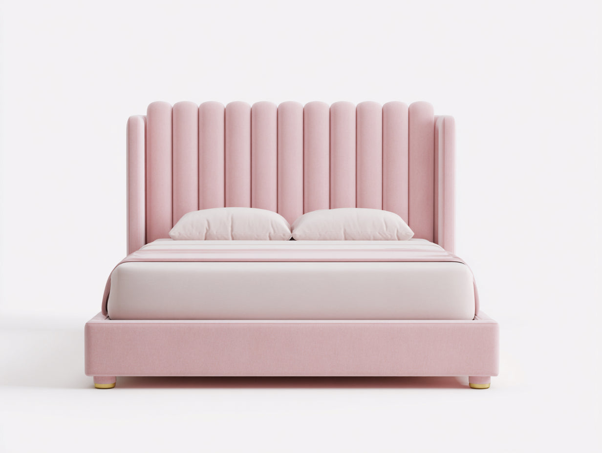 Camas dobles tapizada 216x180x125 cm - rosa - diseño acanalado con cabecero alto para dormitorio