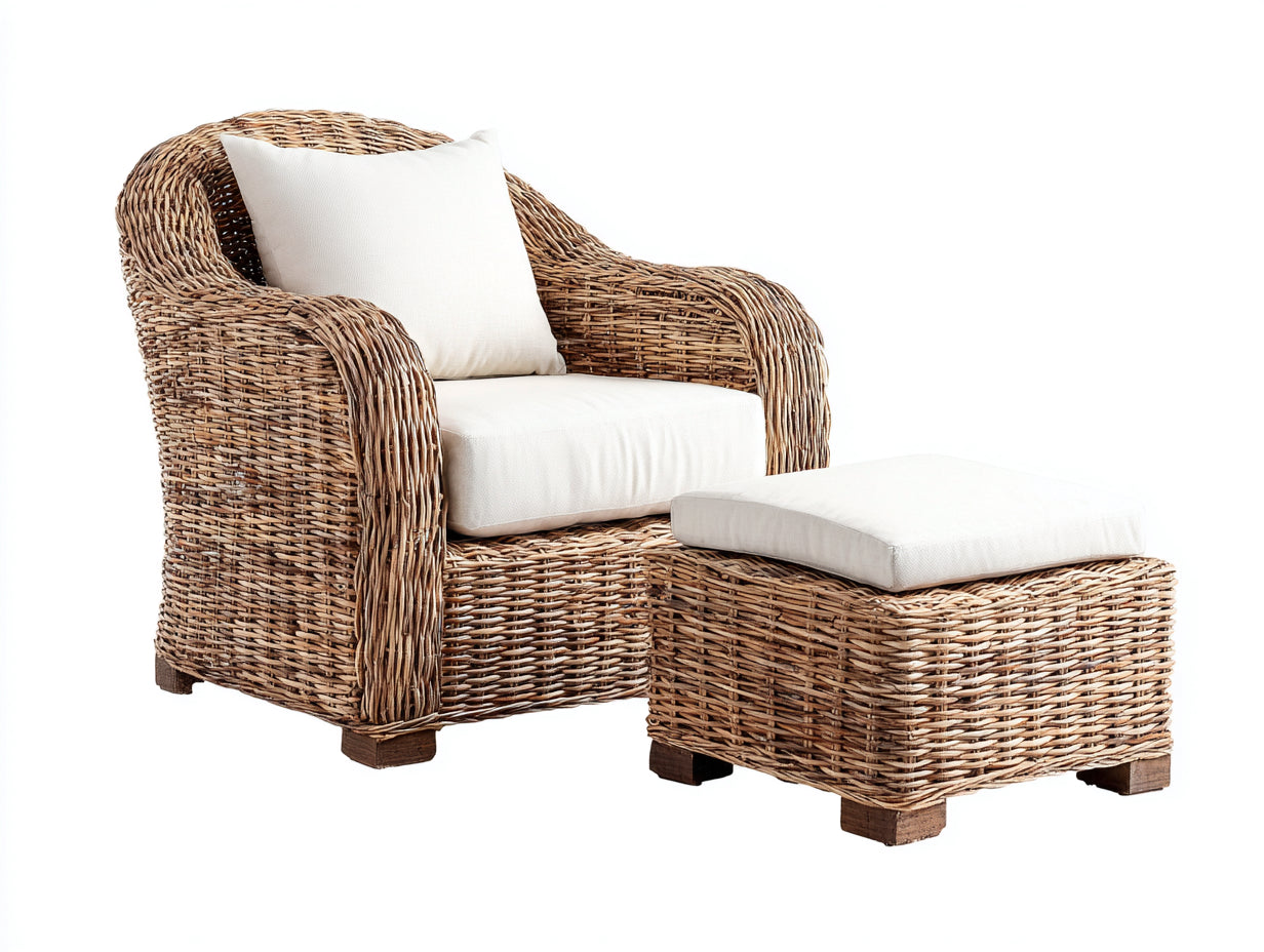 Sillones de ratán con reposapiés 85x78x82 cm - natural-crema - diseño trenzado para terraza y salón