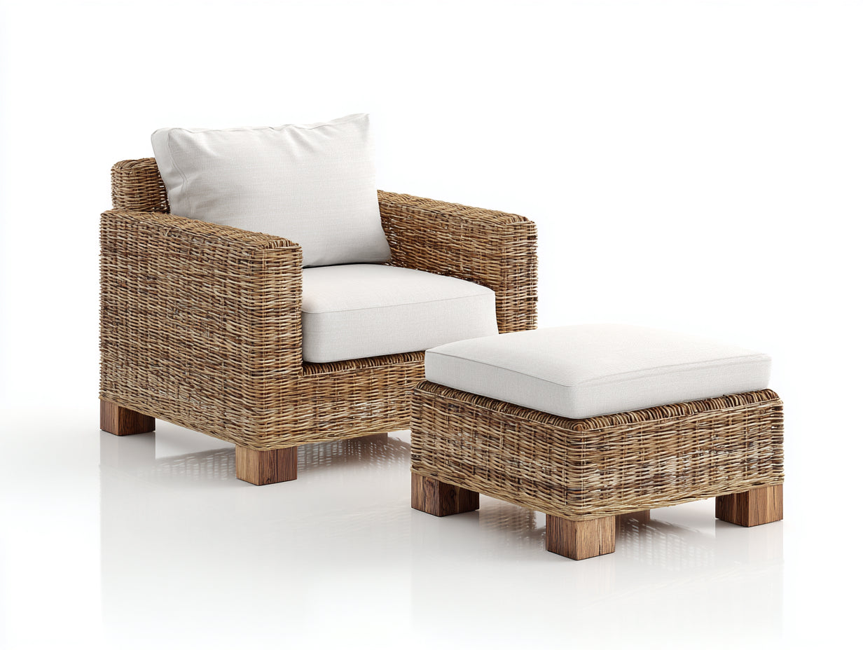 Sillones de ratán con reposapiés 82x78x85 cm - Beige y blanco - Diseño trenzado de líneas rectas