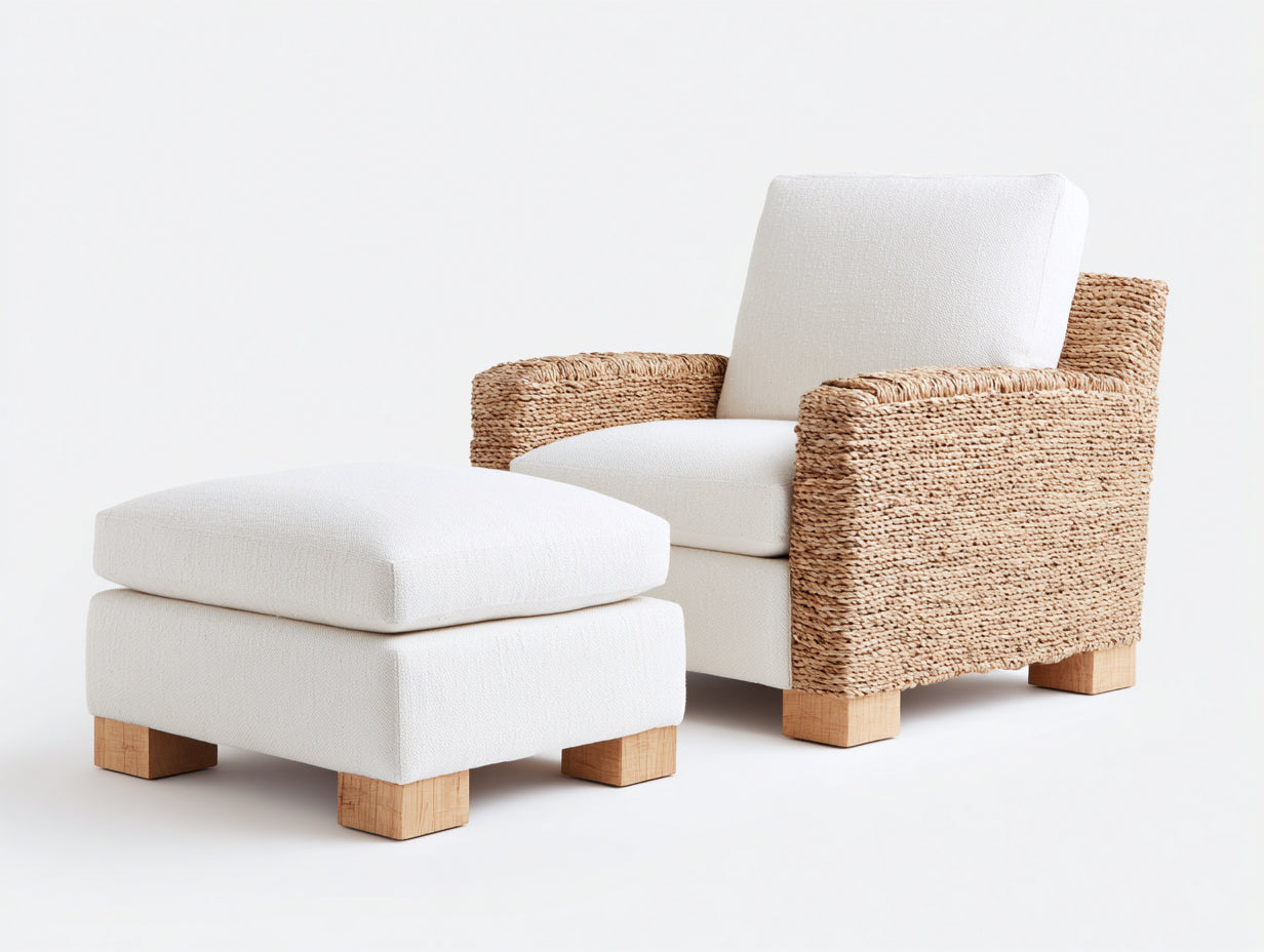 Sillones de ratán con reposapiés 82x78x88 cm - Beige y blanco - Diseño moderno