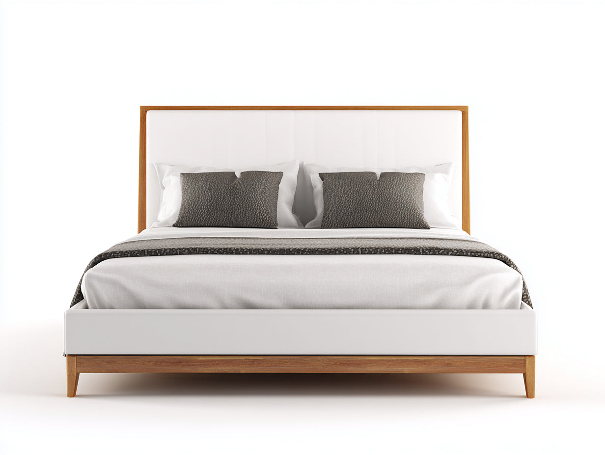 Camas dobles tapizada y madera 220x185x108 cm - blanco y nogal - diseño con cabecero alto para dormitorio