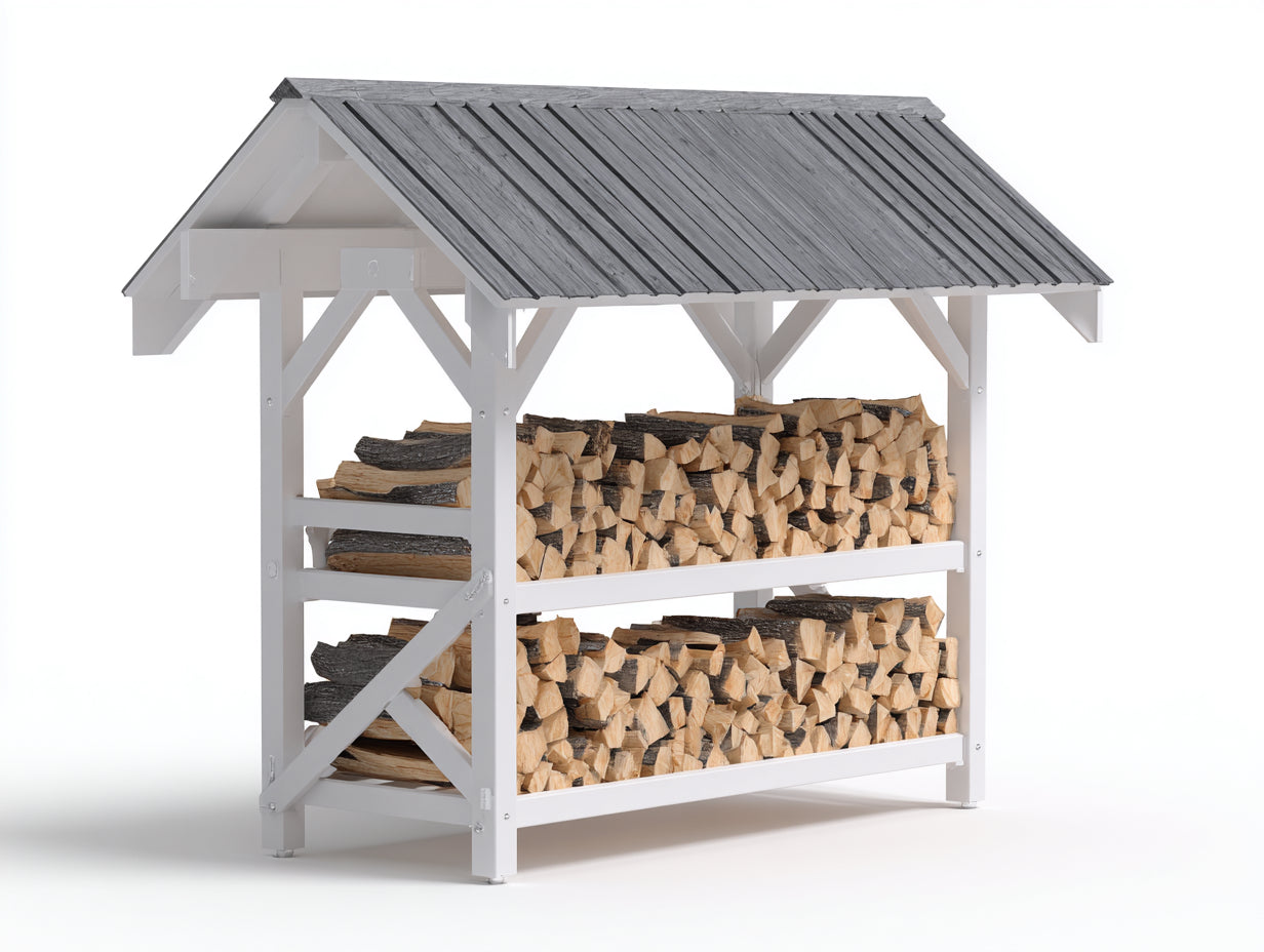 Leñero de jardín de madera 170x65x145 cm - blanco-gris - techo inclinado y 2 niveles abiertos